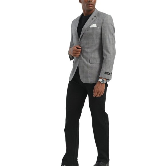 Grey Textured Windowpane Notch Lapel Slim Fit Tazzio Men's Jacket - Picture 2 of 4
